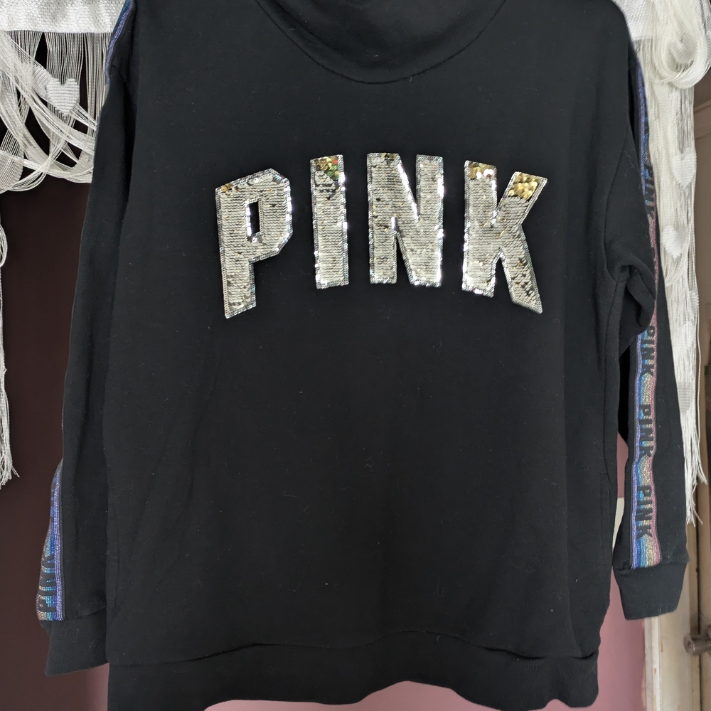 PINK Victoria's Secret Black Scoop Neck Hoodie with Silver  Sequin Logo 🌈 NWT